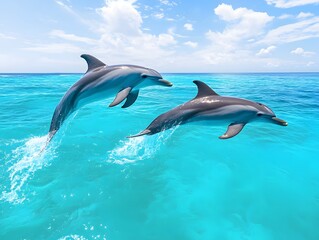 A pair of dolphins jumping in clear turquoise water
