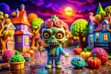 Fototapeta premium Adorable Zombie Toy Embracing a Juicy Brain in a Whimsical, Colorful Setting Perfect for Halloween Decor and Playful Imagery