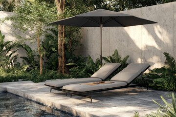 Stylish poolside chaise lounge area with a concrete umbrella featuring gray pavers inspired by Tulum s eco chic luxury