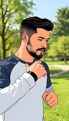 Fototapeta premium Man running smartwatch touch sports watch getting ready to run in the park. technology to check health while exercising isolated with white highlights, png