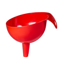 Red orange plastic funnel isolated on white background.
