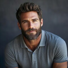 Fototapeta premium Portrait of Bearded Man in Casual Polo Shirt
