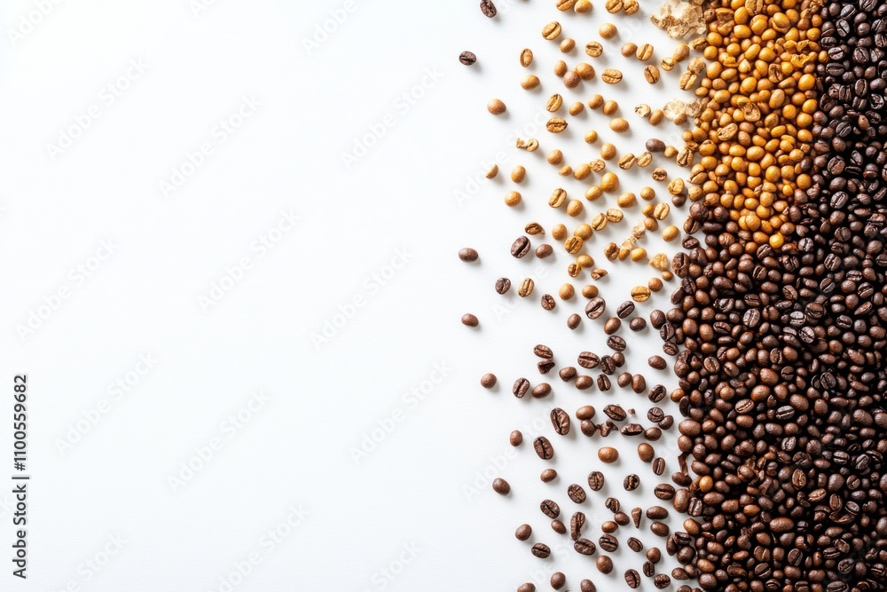 Fototapete various types of coffee beans are spread out on a white background, with ample blank space on the ri