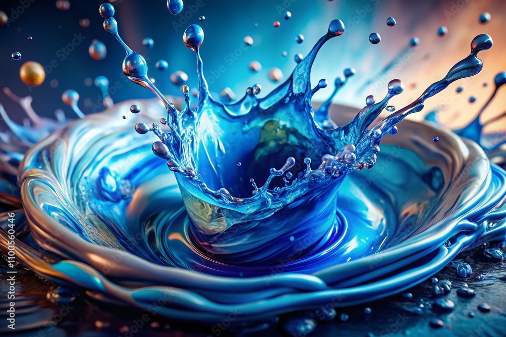 Poster aerial photography of a vibrant blue liquid splash creating an abstract pattern, capturing dynamic f