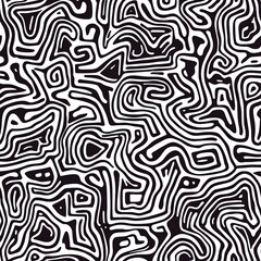 Intricate hand-drawn maze pattern, abstract geometric doodles, flowing lines and circles, black ink on white paper, spontaneous sketching style