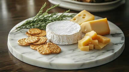 Cheese and Cracker Delight, an elegant arrangement of assorted cheeses and crispy crackers artfully presented on a sleek marble platter, perfect for gatherings and celebrations.