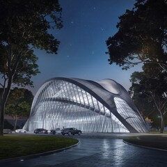 A breathtaking nighttime view of a modern architectural skyscraper