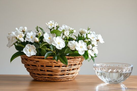 Wicker basket with water and gardenia flowers