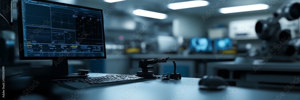 Poster high-tech laboratory with advanced computer equipment and robotic arm in defocused background.