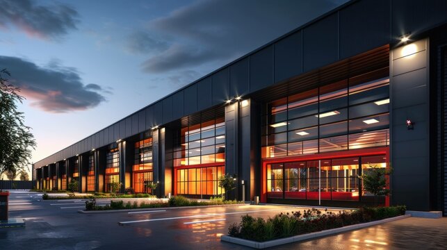 Modern industrial warehouse with illuminated windows at dusk, showcasing contemporary architecture and landscaped surroundings to attract business clients.