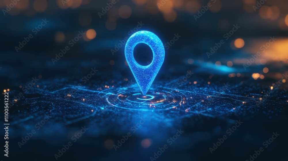 Poster a luminous blue digital map pin floats above a sleek background, hinting at navigation and location 
