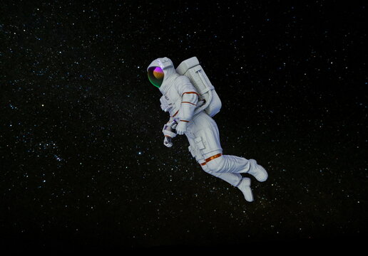  image captures an astronaut floating in the vastness of space, surrounded by a stunning backdrop of stars and distant galaxies. Clad in a white space suit with a reflective helmet, space - Powered by Adobe