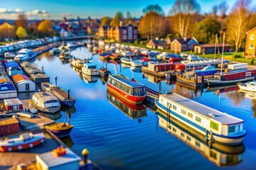 Obraz premium Aerial Tilt-Shift View of Campbell Wharf Marina with Moored Barges on a Sunny Winter Morning in Milton Keynes, Buckinghamshire, UK – Perfect for Scenic Photography Enthusiasts