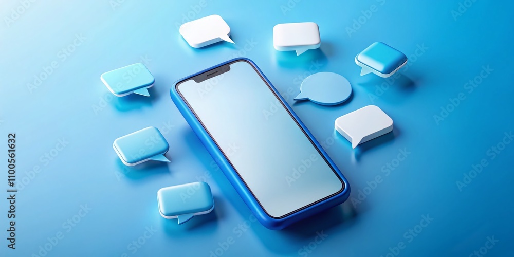 Poster Aerial View of a 3D Blue Smartphone with Blank Screen Surrounded by Floating Chat Bubbles Representing Social Media Interaction and Communication