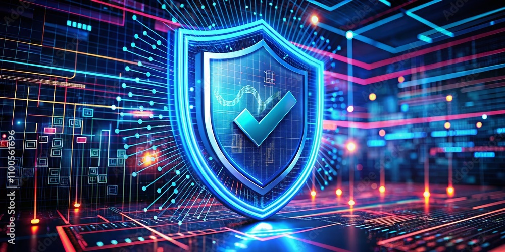Poster aerial view of a 3d shield with a checkmark, representing digital security and trust in modern techn