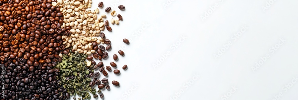 Poster different types of coffee beans are arranged on a white background with open space for text, highlig