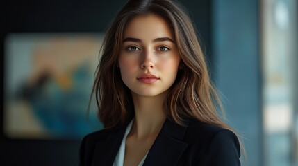 Fototapeta premium A determined businesswoman standing tall in a modern blazer, showing confidence and professionalism, perfect for corporate branding.