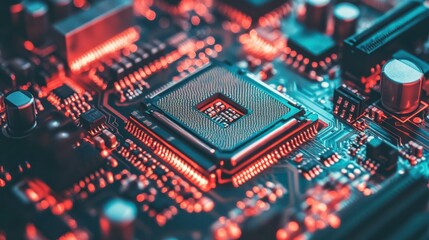 Obraz premium A printed circuit board/Technology background of an abstract computer motherboard can serve as a depiction of technological processes, science, and education.