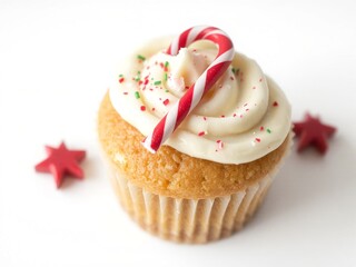 A clean shot of mini cupcakes with festive frosting (red, green, and white) and small edible Christmas decorations like stars and snowflakes.