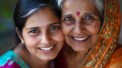Fototapeta premium A vibrant and joyful close-up portrait of a young Indian woman and her mother in traditional attire, smiling warmly at a colorful local market