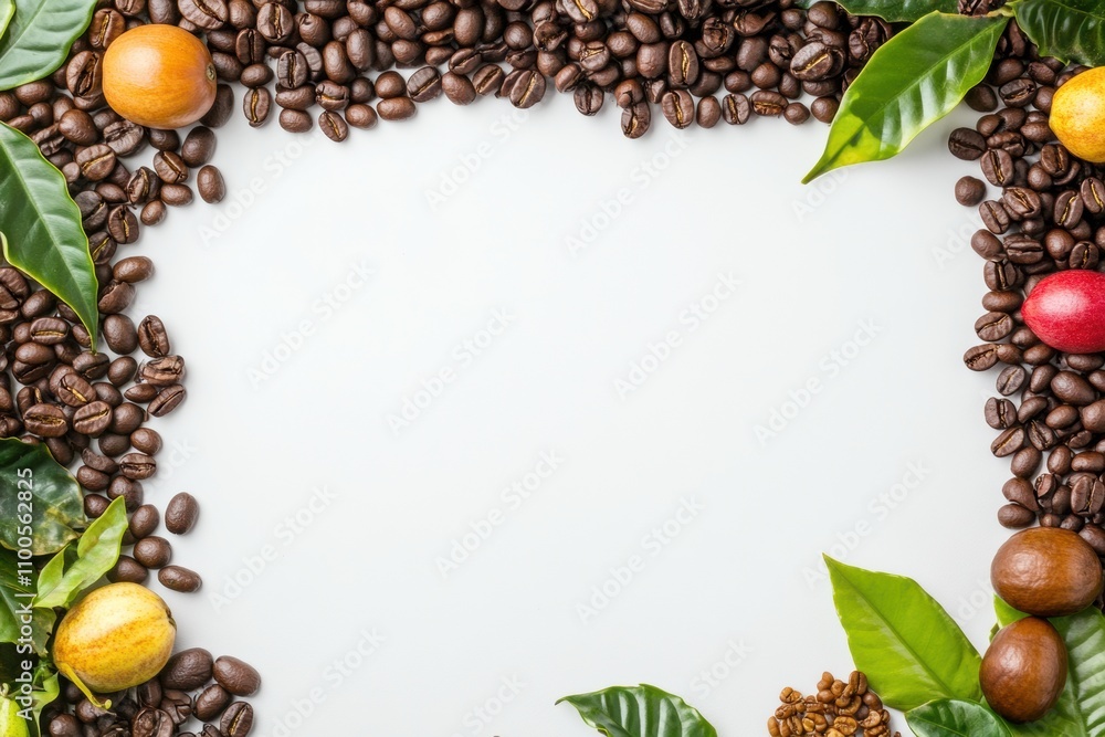 Leinwandbilder Various coffee beans are spread out on a clean white surface with vibrant leaves and fruits framing the edges, allowing for custom text placement. Generative AI