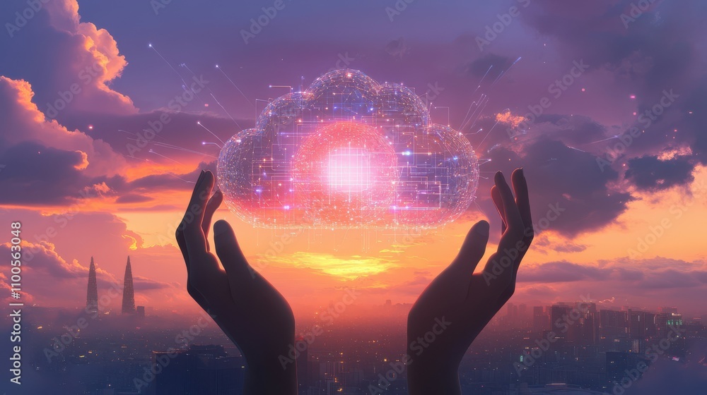 Poster a view of the cloud computing concept with hands holding protected data and a sunset city background