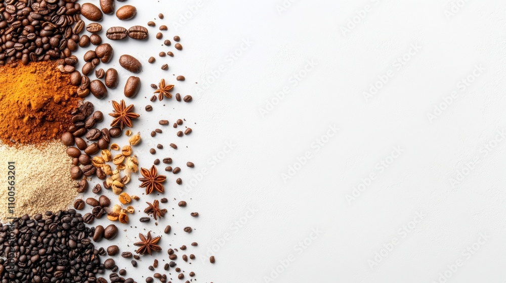 Poster a selection of diverse coffee beans and spices is arranged on a white background, showcasing their r