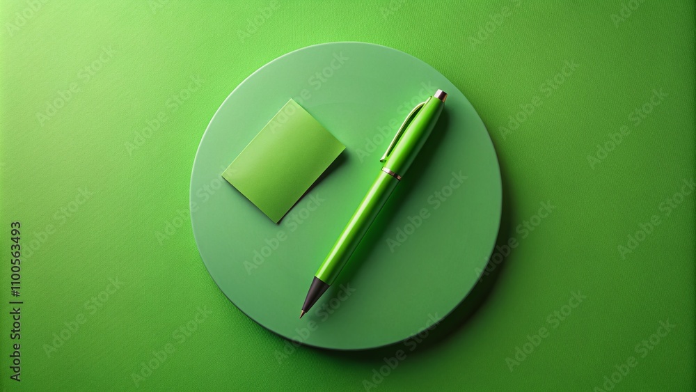 Poster aerial view of a flat green pen and paper design within a vibrant green circle, representing creativ