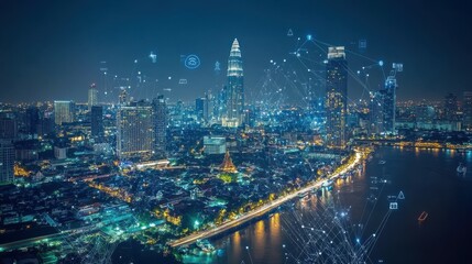 Obraz premium Abstract Bangkok city background with wireless network and connection technology concept