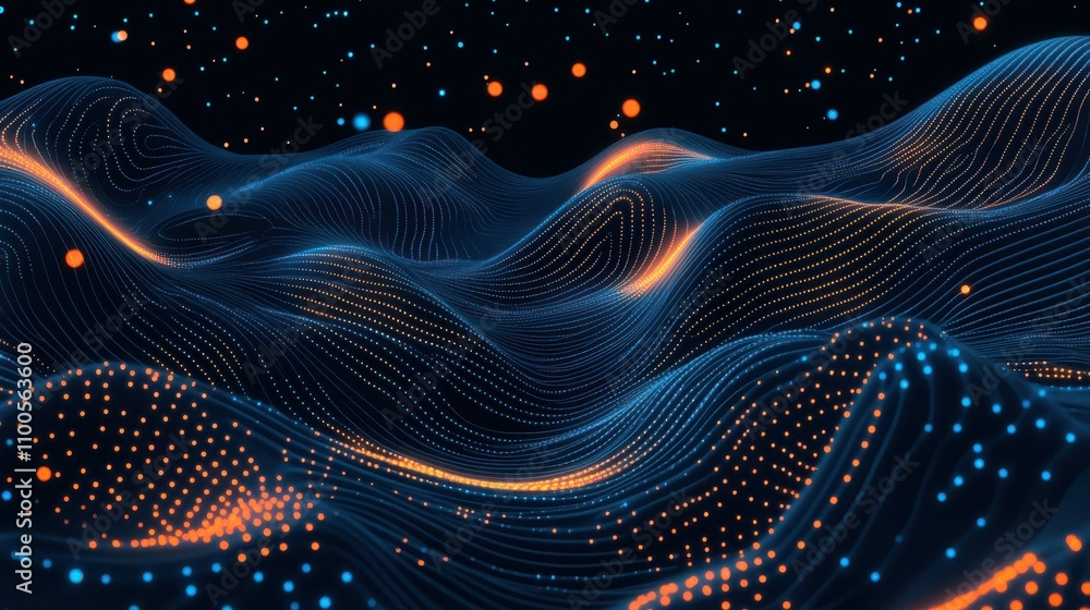 Poster abstract data flow with glowing blue and orange dots on a dark wave.