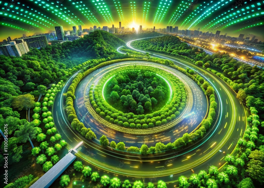 Poster aerial view of a futuristic landscape with green binary digits flowing in a circular loop, captured 