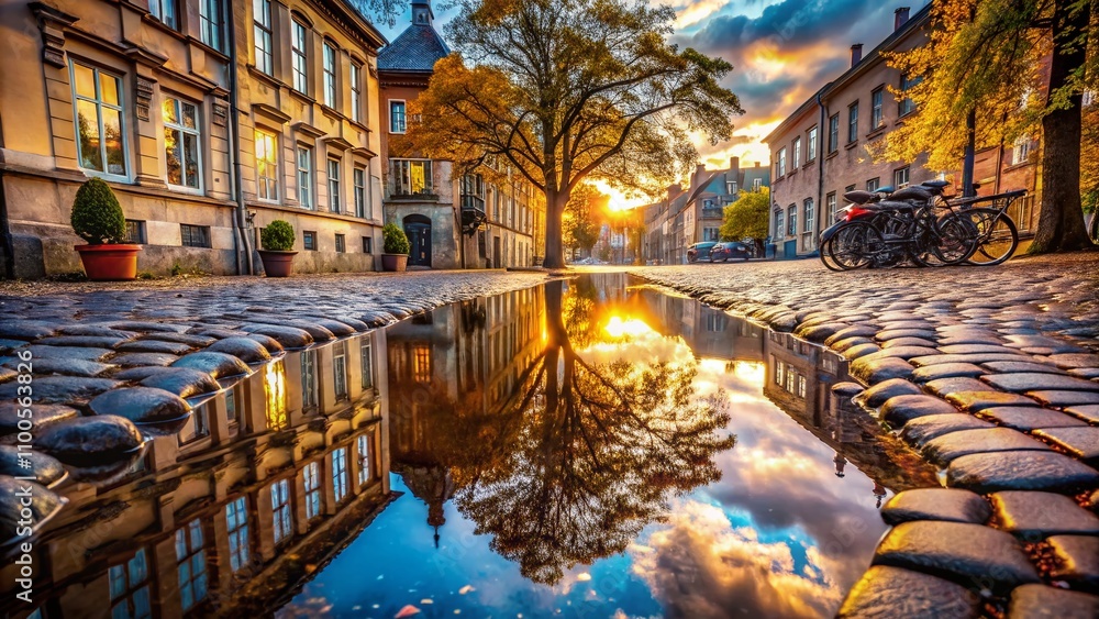 Poster aerial view of a glimmering puddle on a cobblestone street capturing the reflections of surrounding 