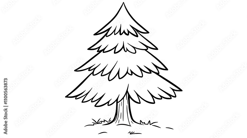 Poster a children's coloring page with an extremely simple drawing of a pine tree. the design is made with 