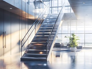 Modern staircase in a bright, open space with large windows and greenery.