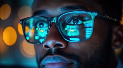 Close-up man with glasses reflecting financial data, tech-focused finance analysis, stock market concept, digital economy insight, modern business finance, technology, reflective screen, blue light