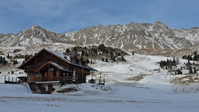 Orizzontal ski resort in the mountains, in time lapse on the san pellegrino, apls, italy