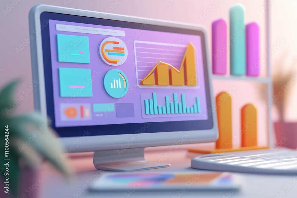 Poster computer screen shows colorful data, analytics. business graphs, charts illustrate future plans. inv