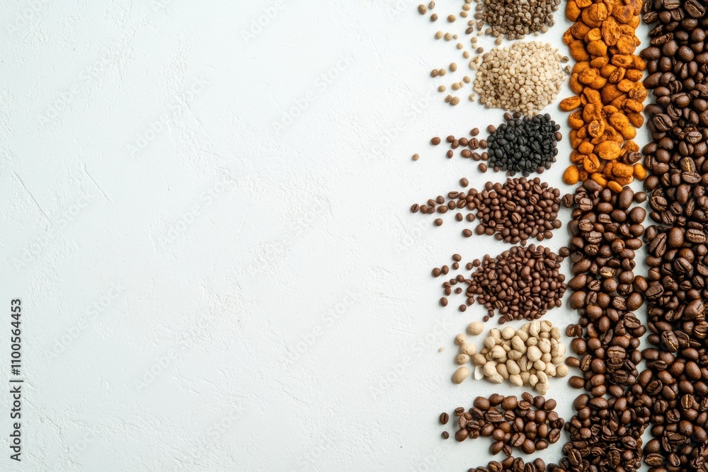 Poster various types of coffee beans are spread out on a clean white background, leaving ample space for ad