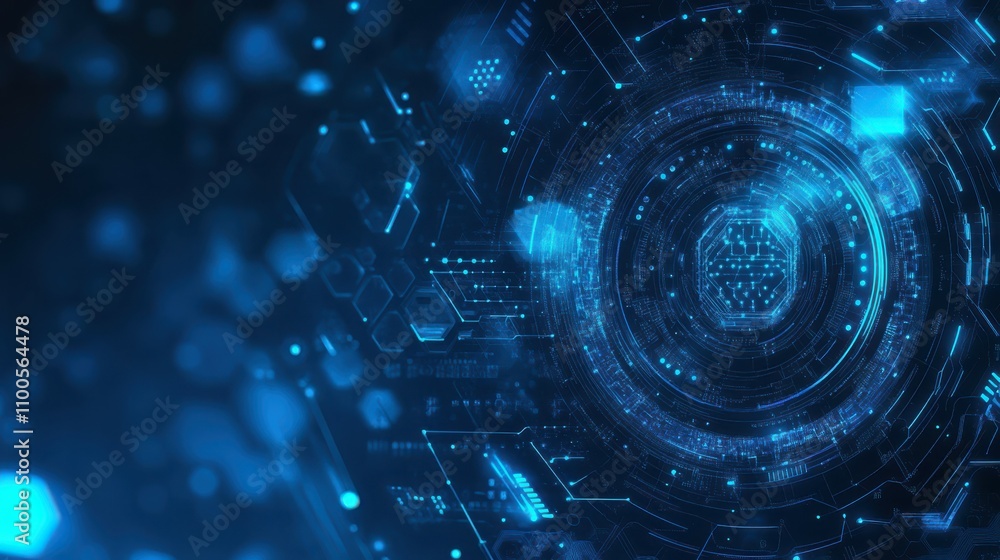 Poster an abstract blue computer technology background has hexagon circuit boards and circles in technology