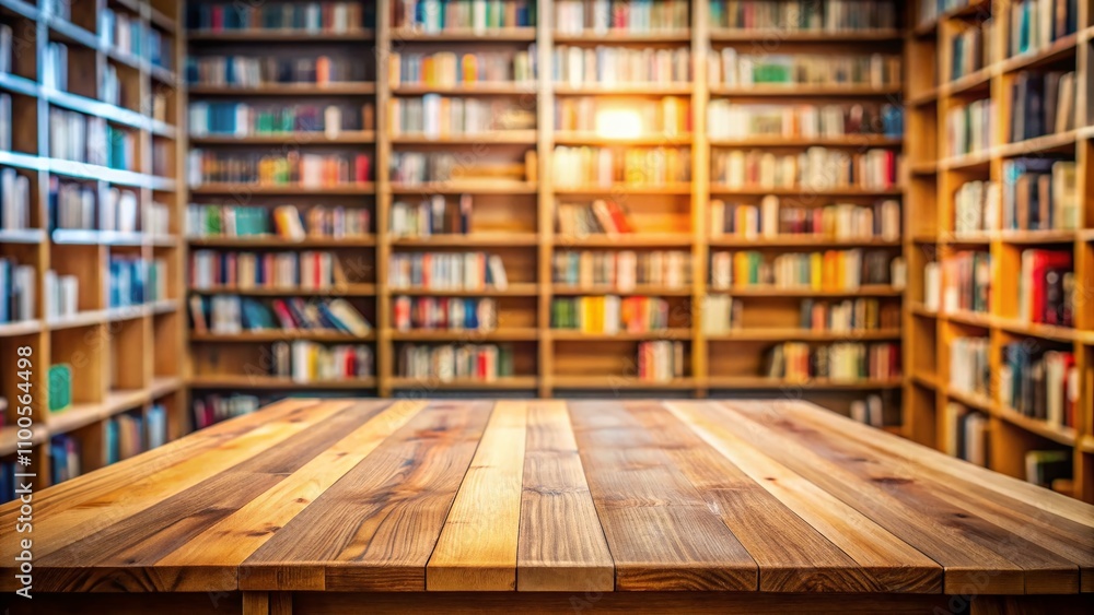 Aufkleber Aerial View of a Minimalist Wooden Table Surrounded by a Blurred Library Setting with Ample Copy Space for Product Showcasing and a Beautiful Collection of Books