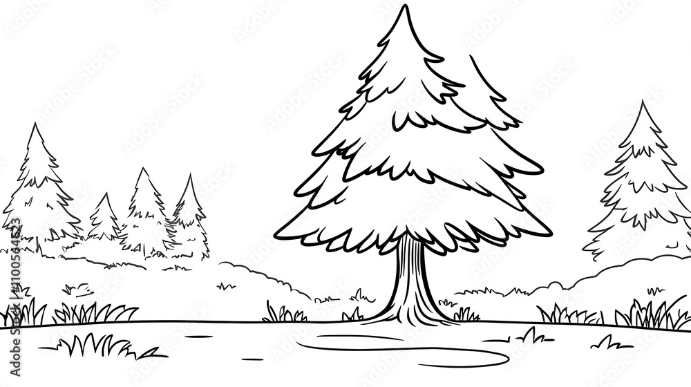 Poster a simple coloring page designed for 5-7 year old children, featuring a pine tree with basic shapes a