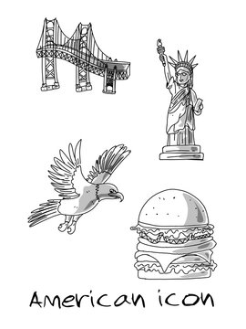 Images of American icons, namely the Statue of Liberty, the Eagle, the Humberger and the Golden Gate Bridge