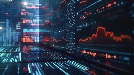 Dynamic financial data display with graphs and charts in a high-tech environment