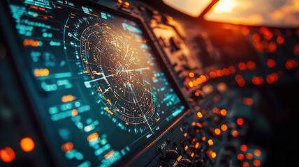 A close-up of a radar screen displaying various flight paths, with bright lines and blips indicating aircraft positions. 