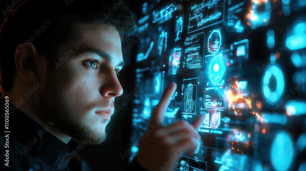 Poster an image of a man touching a touchscreen concept of digital technology