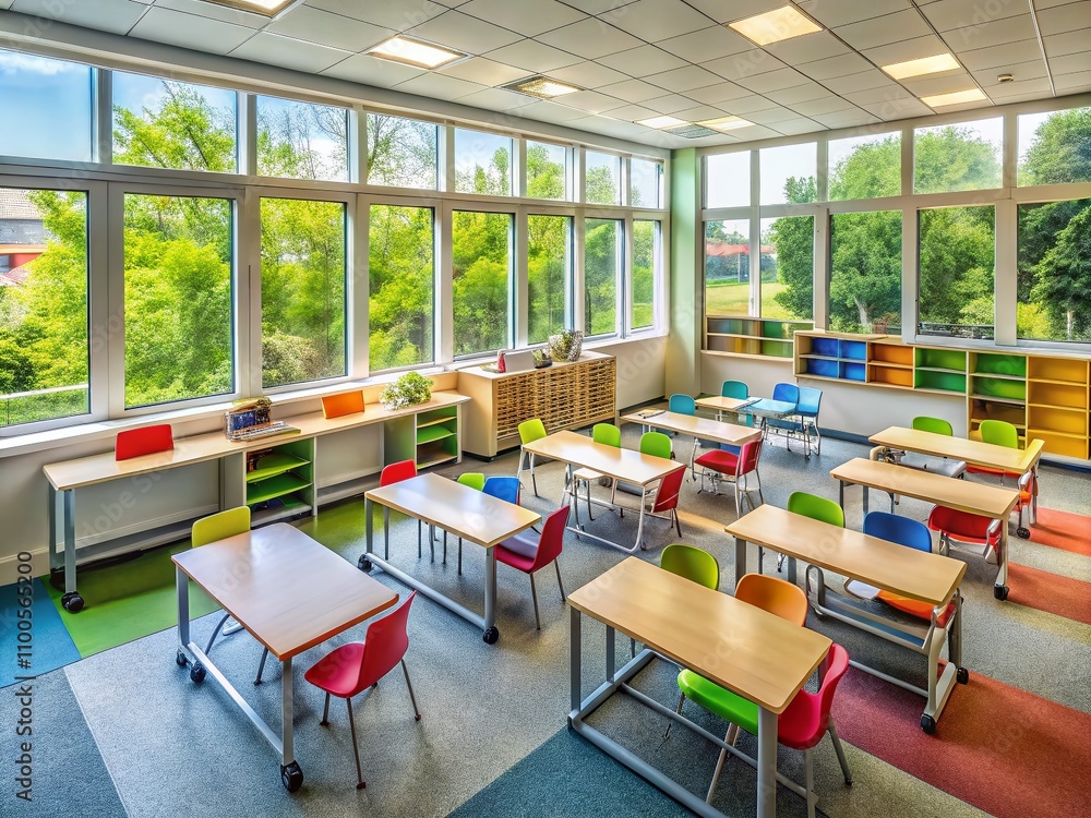 Poster aerial view of an empty classroom setting with desks and chairs arranged neatly, showcasing a clean 