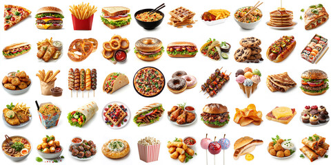 huge set collection of vious types of fast food international and american like burger pizza asian mexican isolated white background.  mostly ki generated big collage of worlds best junk food.