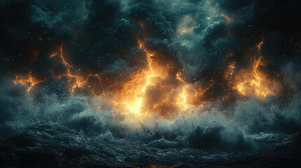 Fototapeta premium Powerful lightning bolts strike over a stormy ocean, illustrating nature’s fury and dramatic weather conditions