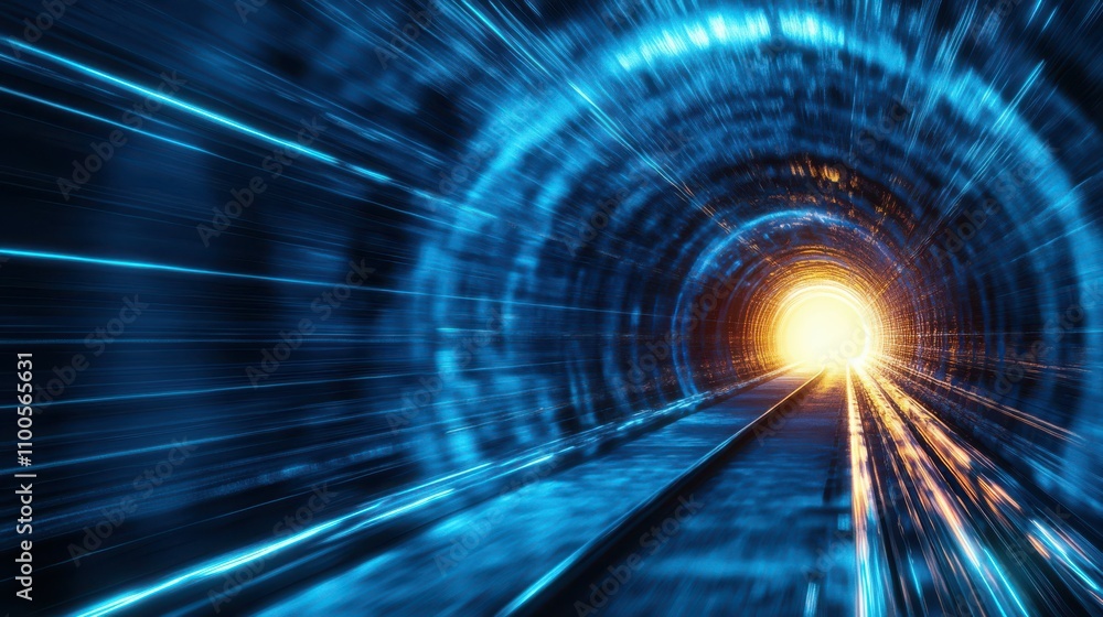 Poster animated and abstract tunnel, corridor with rays of light and new highlights. blue background with n