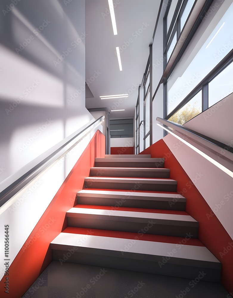 Poster modern staircase with red accents and large windows, creating a bright and inviting space.